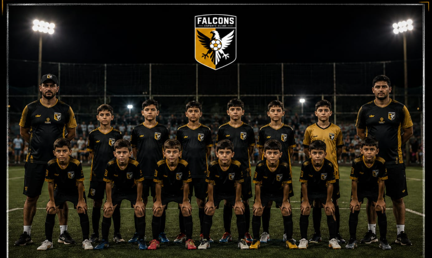 Atletas da escolinha Falcons perfilados no campo