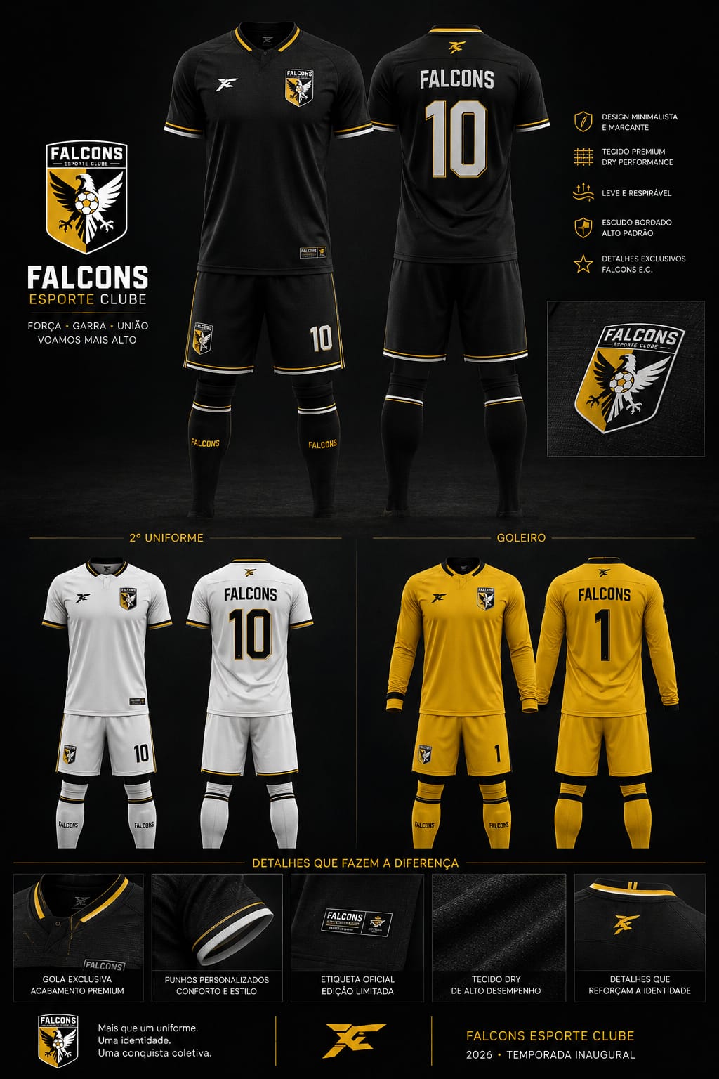 Uniforme oficial preto e dourado do Falcons Esporte Clube